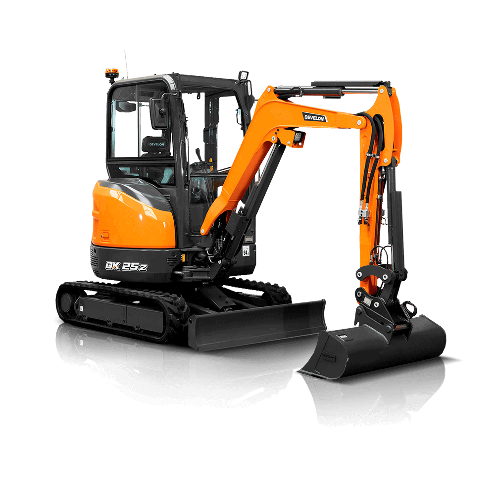 Compact Develon DX42-7 mini excavator suitable for construction and landscaping projects. Perfect for rental or dry hire, offering reliable performance and versatility on various job sites.