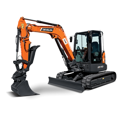 Develon DX42-7 compact excavator suitable for construction and landscaping projects available for dry hire in Australia.