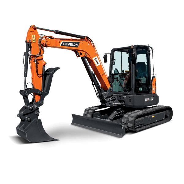 Develon DX42-7 compact excavator suitable for construction and landscaping projects available for dry hire in Australia.